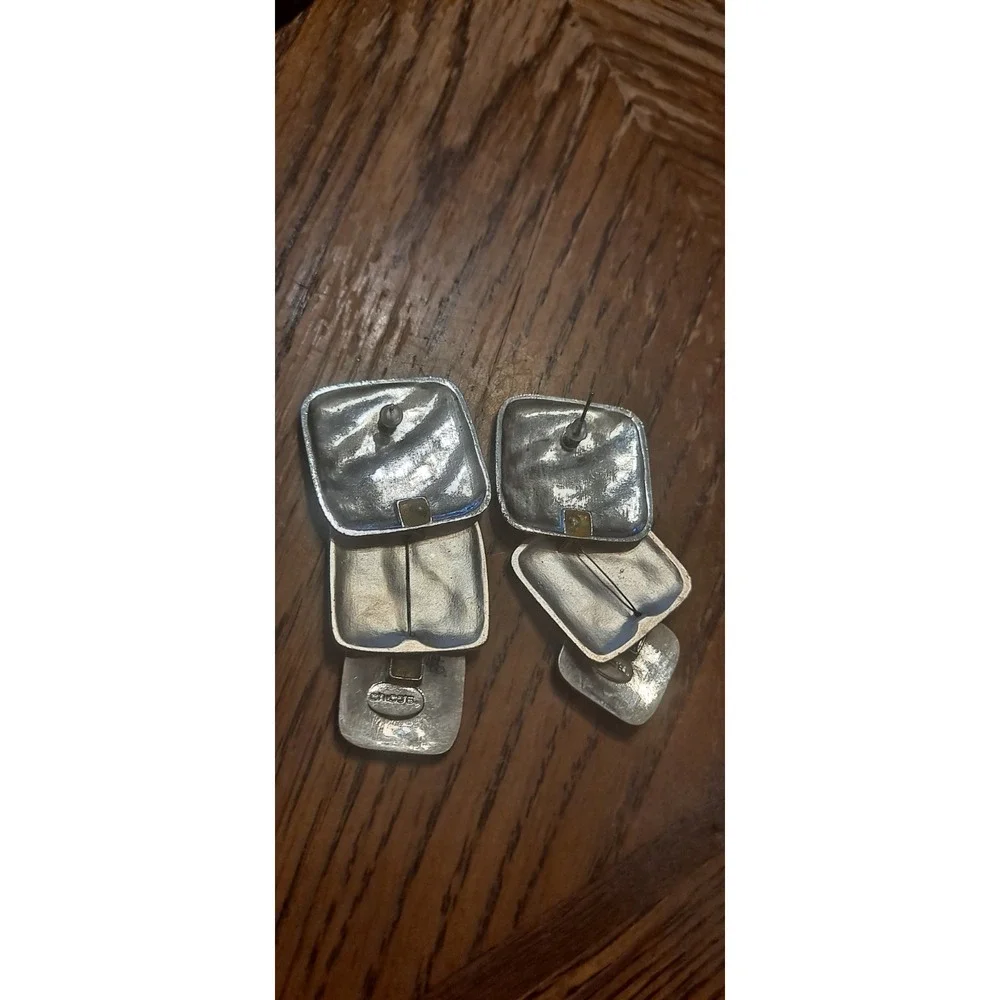Silver Tone Dangle Earrings, 3 Squares‎ Layered, Chunky